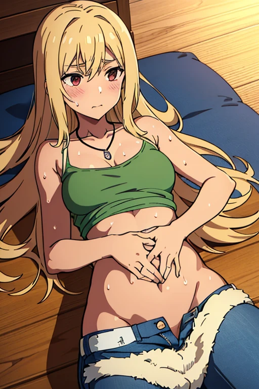 tan skinned anime woman wearing a cami top and jeans, famished in hunger, (necklace), (gently resting hands on stomach), (sweating), (lying down), (long hair), (hands on stomach), (pressing stomach with her fingers)