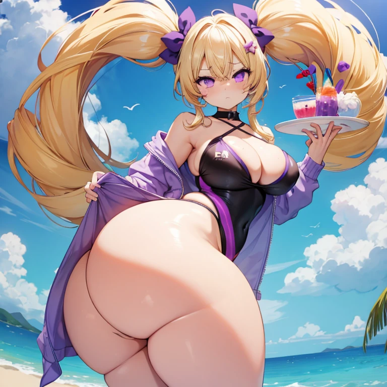1 girl, blonde hair in twintails, purple eyes, sling swimsuit, massive ass, huge ass, gigantic ass, bubble butt, Brazilian butt lift, jello ass, bottom heavy, huge thighs, wide hips, presenting ass, annoyed face, huge tits, small swimsuit, tits, big tits, gigantic breast, grabbing own ass
