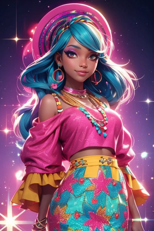 A woman in a colorful outfit posing for a picture, A brown skin, cyber girl, pretty face, sparkling simple make up, hippie clothes, sparkling pictures, high quality pictures