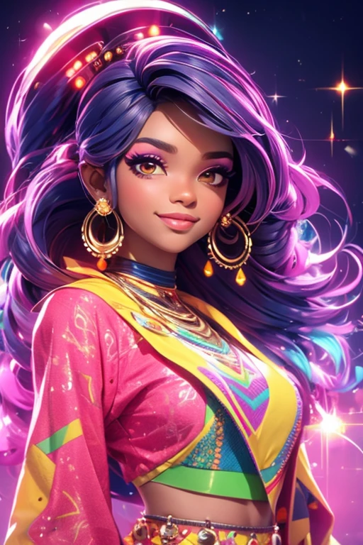 A woman in a colorful outfit posing for a picture, A brown skin, cyber girl, pretty face, sparkling simple make up, hippie clothes, sparkling pictures, high quality pictures