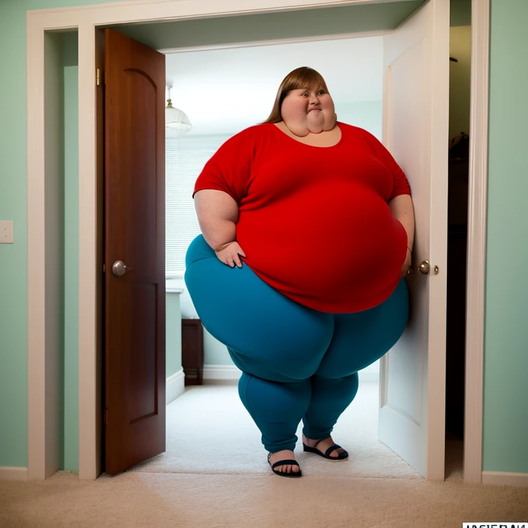 Full body. Overweight fat obese pregnant woman is so wide and so fat her belly takes up her entire doorway and she is wedged stuck in the frame. she has gained so much weight she has doubled her size. She is very round. She proudly shows her husband she is stuck too big to fit through the narrow door. She wants to be fatter. #maternityphoto #pregfat