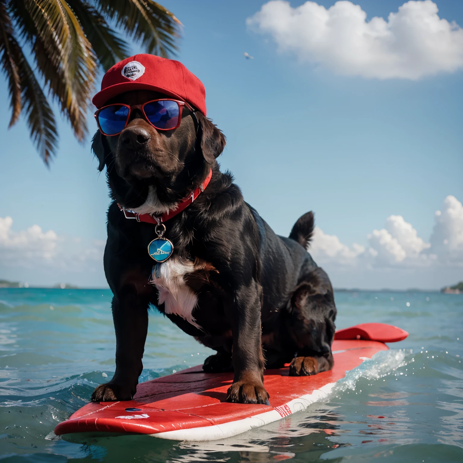 A dog surfing and wearing red hat with blue frame sunglasses.