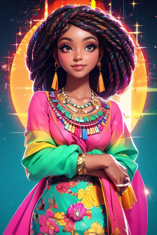 A woman in a colorful outfit posing for a picture, A brown skin, cyber girl, pretty face, sparkling simple make up, hippie clothes, sparkling pictures, high quality pictures