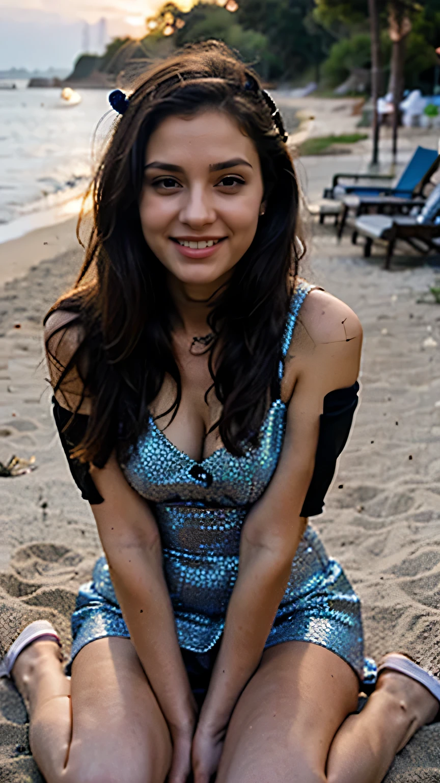 22 year old girl portrait at sunset, black hair, blue eyes, smiling and embarrassed on the beach, in a dress
