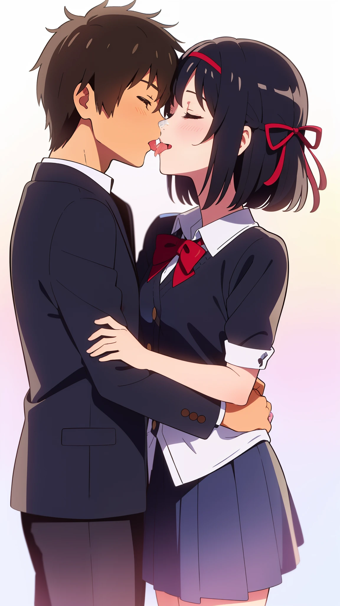 shinkai makoto, kimi no na wa., 1girl, 1boy, bangs, black hair, short hair, blush, (boy wear black pants), ((girl wear blue skirt, red headband, red ribbon)), shirt, white shirt, short sleeves, cute, love, couple, adorable, dating, (((kiss, deep kiss, tongue, saliva))), closed eyes, passionate hug, dynamic light, valentine background, sunset background, In a romantic atmosphere, Feel the romantic theme of Valentine's Day