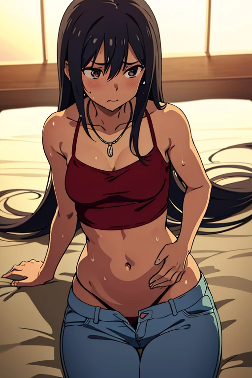 tan skinned anime woman wearing a cami top and jeans, famished in hunger, (necklace), (gently resting hands on stomach), (sweating), (lying down), (long hair), (hands on stomach), (pressing stomach with her fingers)