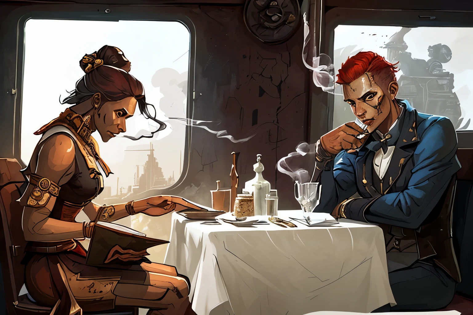 A dark-skinned woman in a Victorian dress is sitting in a train restaurant reading a book, in front of her is a red-haired man in a suit, with a cynical smile smoking a cigarette, photorealistic skin tone, Mayan realistic, realistic clothes, realistic clothes , highly detailed character, skin scattered underground, highly detailed clothes, small character. Unreal 5 engine, female character, wonderful designer substance, realistic skin color, Mayan 8 mil, realistic 3D character, highly detailed face, Dorohedoro, Dishonored style, Disco Elysium character, art style by Cédric Peyravernay