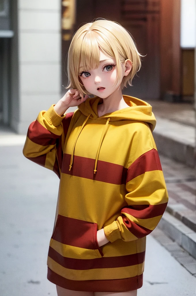 Blonde Short Hair Girl Face Red cheeks Yellow and brown stripes々Hoodies Yellow hood