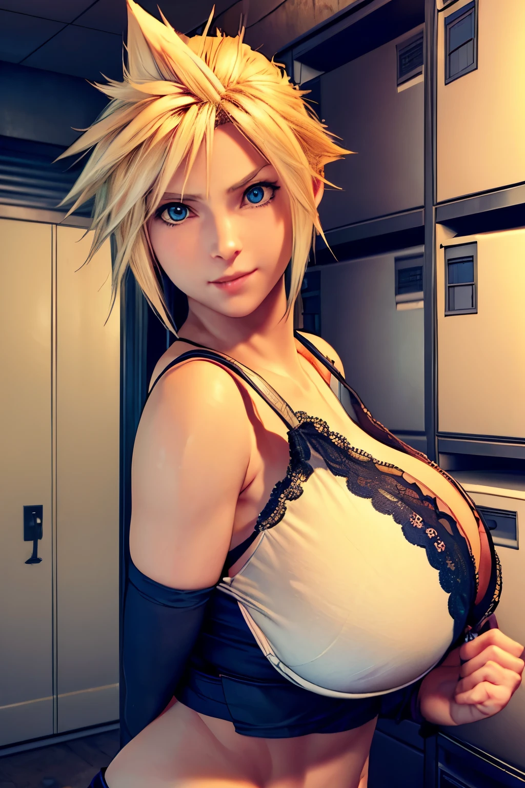 (masterpiece), (high quality), (realistic 1.5), intrincate details, female Cloud Strife, huge breasts, huge hanging bra, stipping, provocative pose, sexual body, locker room in the background, switching clothes, precise hands, happy face, looking at viewer