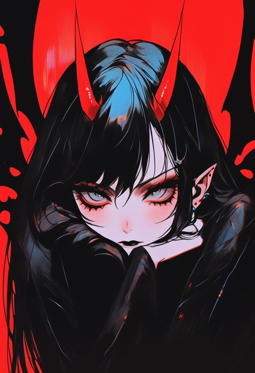 pale devil girl , ((por encima de la cintura)), disparo desde muy lejos, (largeeyes, Los ojos son delicados rasgados y hermosos ., cara hermosa y delicada, detalles de cuerpo completo), (sombreado de prisma, holographic environment, chromatic:1.2) red gothic background , (long right angle:1.2) cabello negro