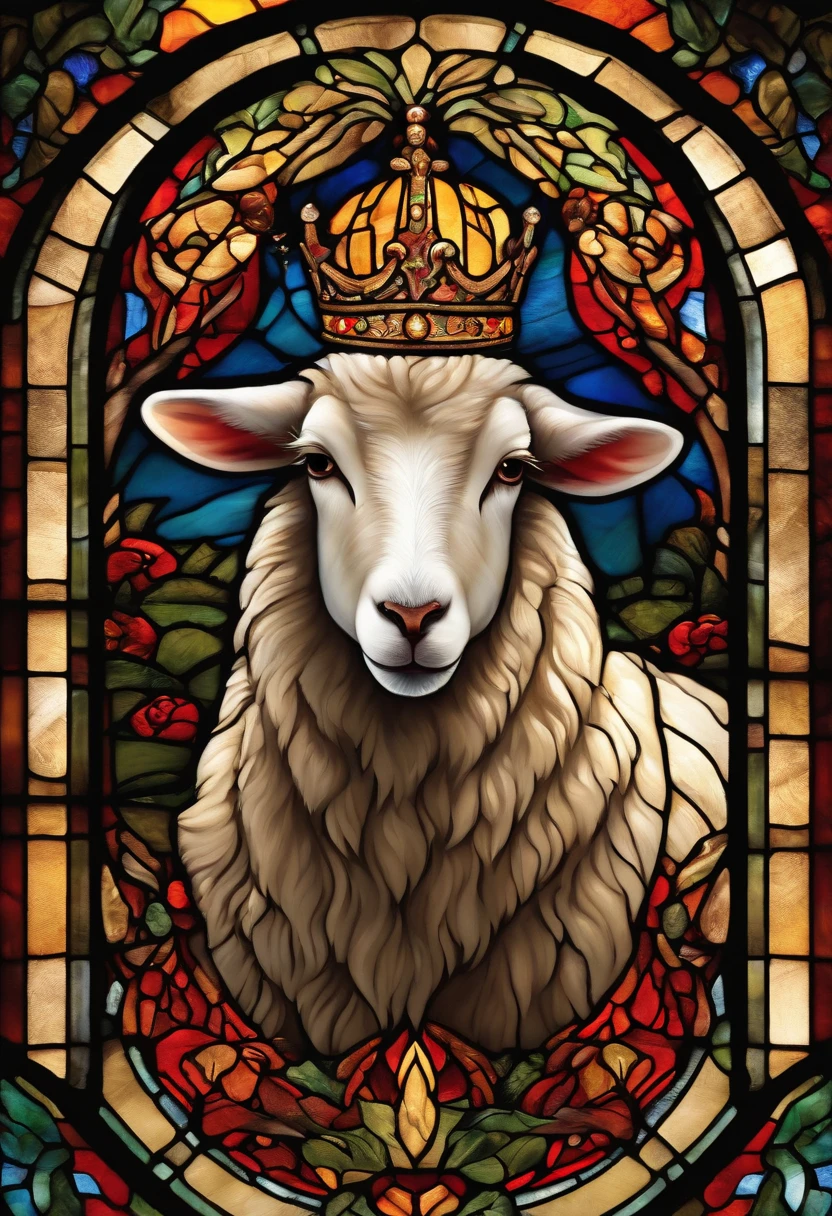 (a colorful, vibrant stained glass window), (an embedded figure of a hornless lamb), (a crown of thorns), (drops of blood on some thorns), vivid colors, intricate details, highres, realistic lighting, sharp focus, fine art medium