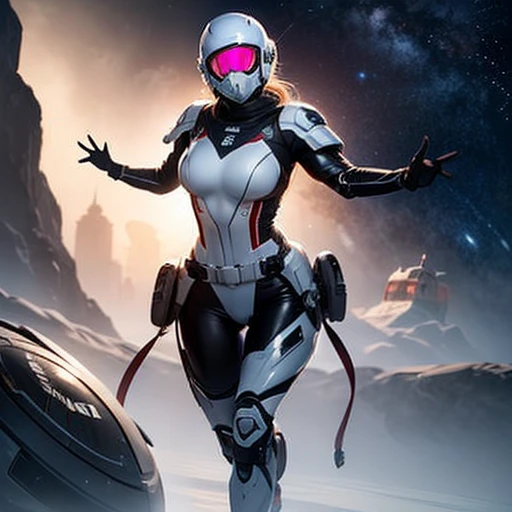 female , military suit, white and black details, helmet, feminine physique, feminine curves, mask, clothed, full body covered by costume, space ship, no skin is visible, no face, no hair
