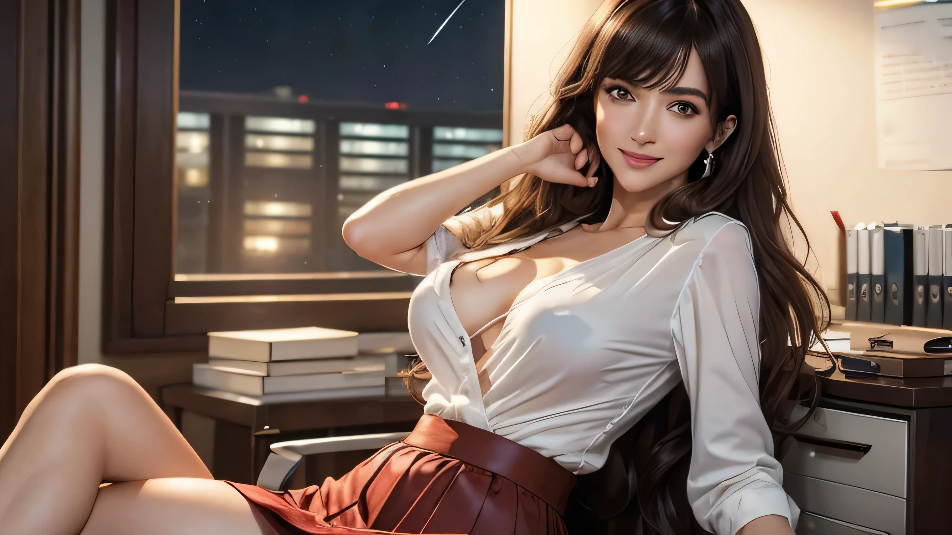 (masterpiece:1.3), high resolution, ultra detailed, extremely detailed CG unity 8k wallpaper, realistic, photo-realistic, RAW photo,beautiful detailed face, pale skin, realistic glistening skin, detailed cloth texture, detailed hair texture, Perfect body, Beautiful Face, accurate, Anatomically correct, Highly detailed face and skin texture, natural neck length, (beautiful hands), (fair skin:1.2), Thin legs, Thin feet, Detailed eyes, symmetric eyes, Light Brown eyes, Double eyelids, Thin eyebrows, (Glossy lips:1.4), ((gently smile:1.2)), (blush:1.1),A beautiful 35 year old woman wearing a very short red skirt and a thin white shirt, and、Good .,medium large breasts, (slender figure:1.1), firm abs, beautiful clavicle, (Dark blonde hair, wavy hair, long hair:1.2), ((asymmetrical bangs:1.2)),((in the stylish office at night:1.4)), (Cowboy shot:1.2),