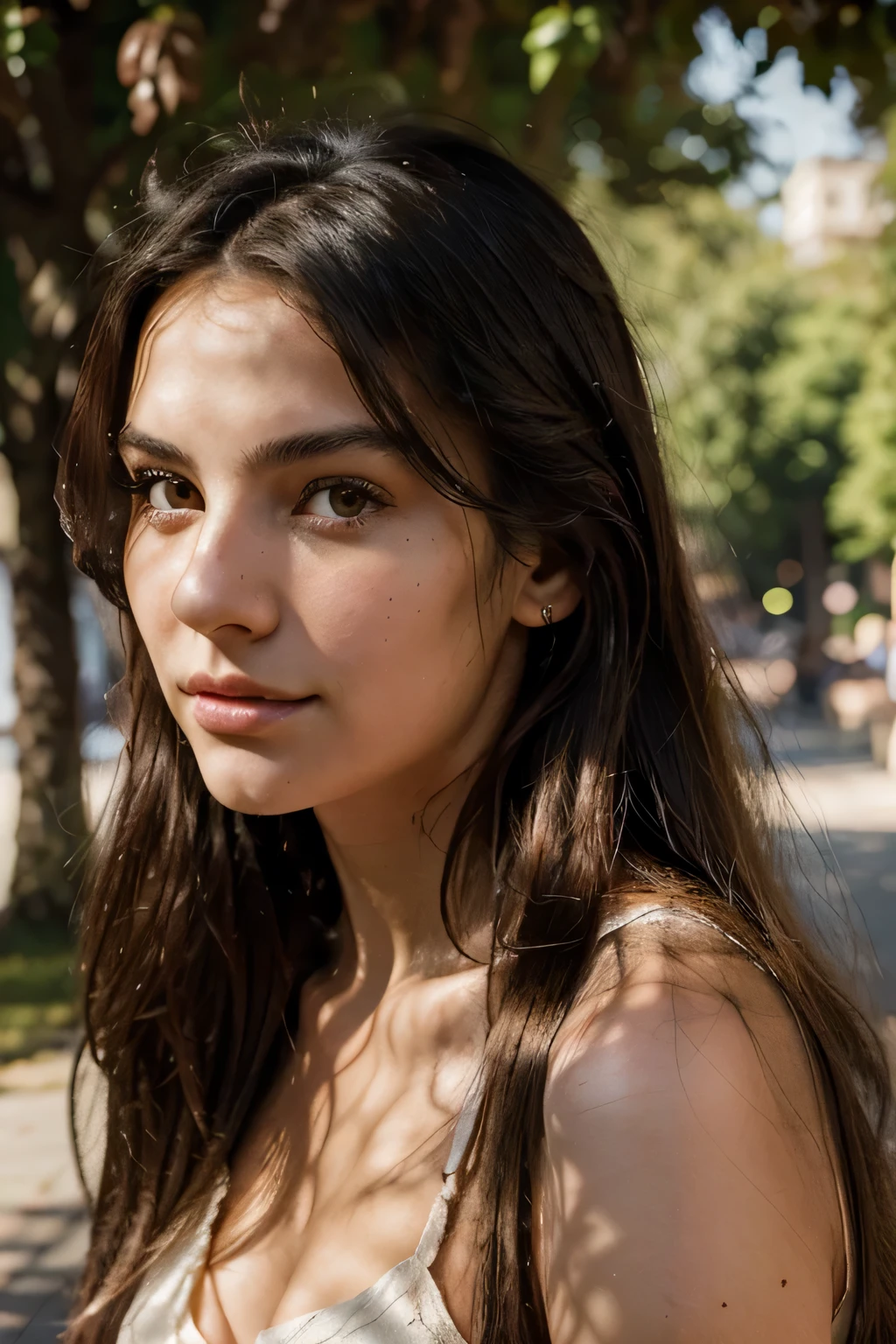 A photorealistic portrait of a 21-year-old Italian girl with long, flowing dark hair and striking dark eyes, as well as a mole above her upper right lip. She should have a natural, approachable expression and be lit by soft sunlight at golden hour. The background should be a picturesque outdoor setting, perhaps a sunny park or beach