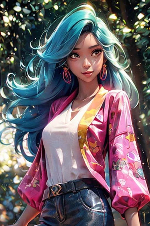 A woman in a colorful outfit posing for a picture, A brown skin, cyber girl, pretty face, sparkling simple make up, hippie clothes, sparkling pictures, high quality pictures