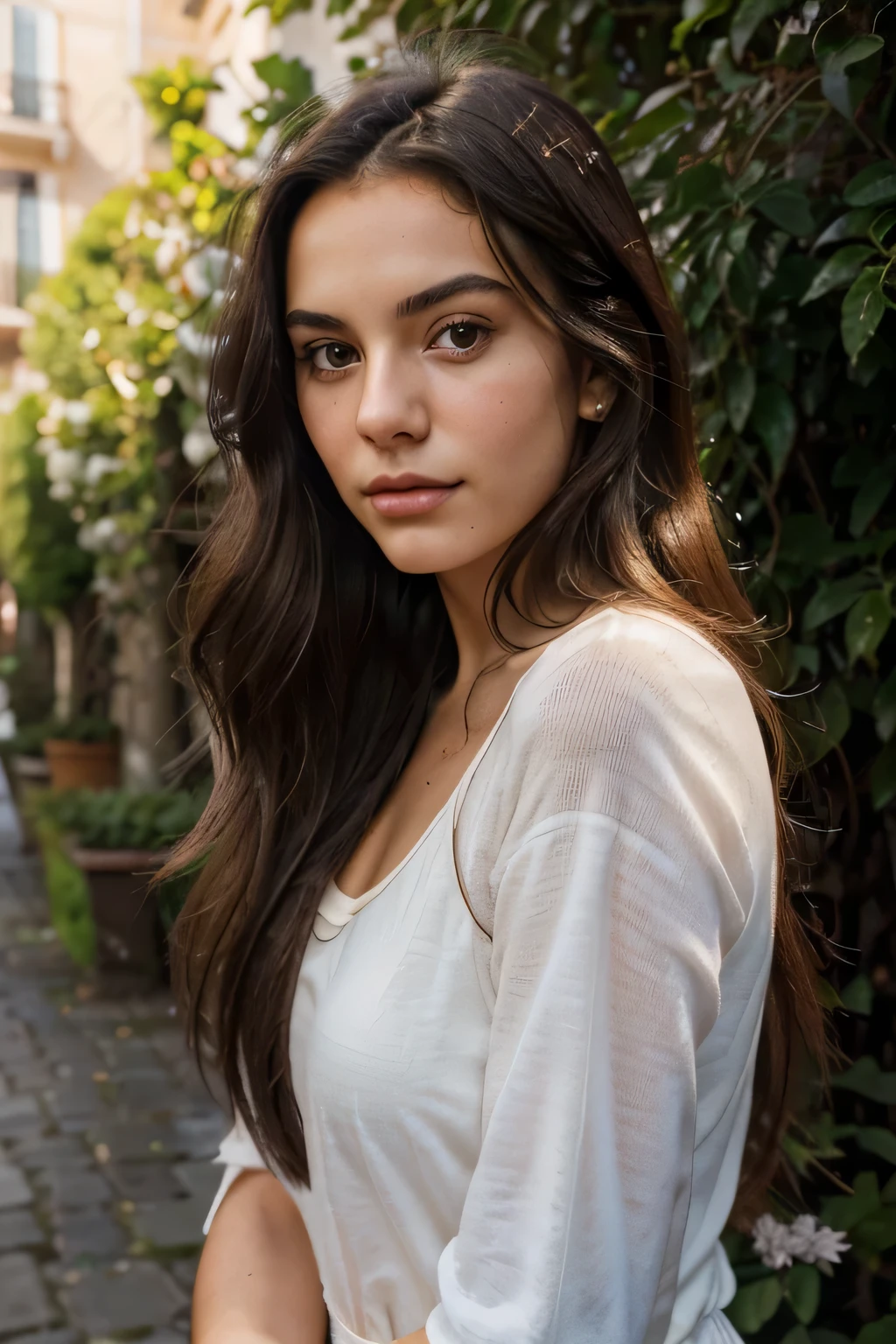 A photorealistic portrait of a 21-year-old Italian girl with long, flowing dark hair and striking dark eyes, as well as a mole above her upper right lip. She should have a natural, approachable expression and be lit by soft sunlight at golden hour. The background should be a picturesque outdoor setting, perhaps a sunny park or beach