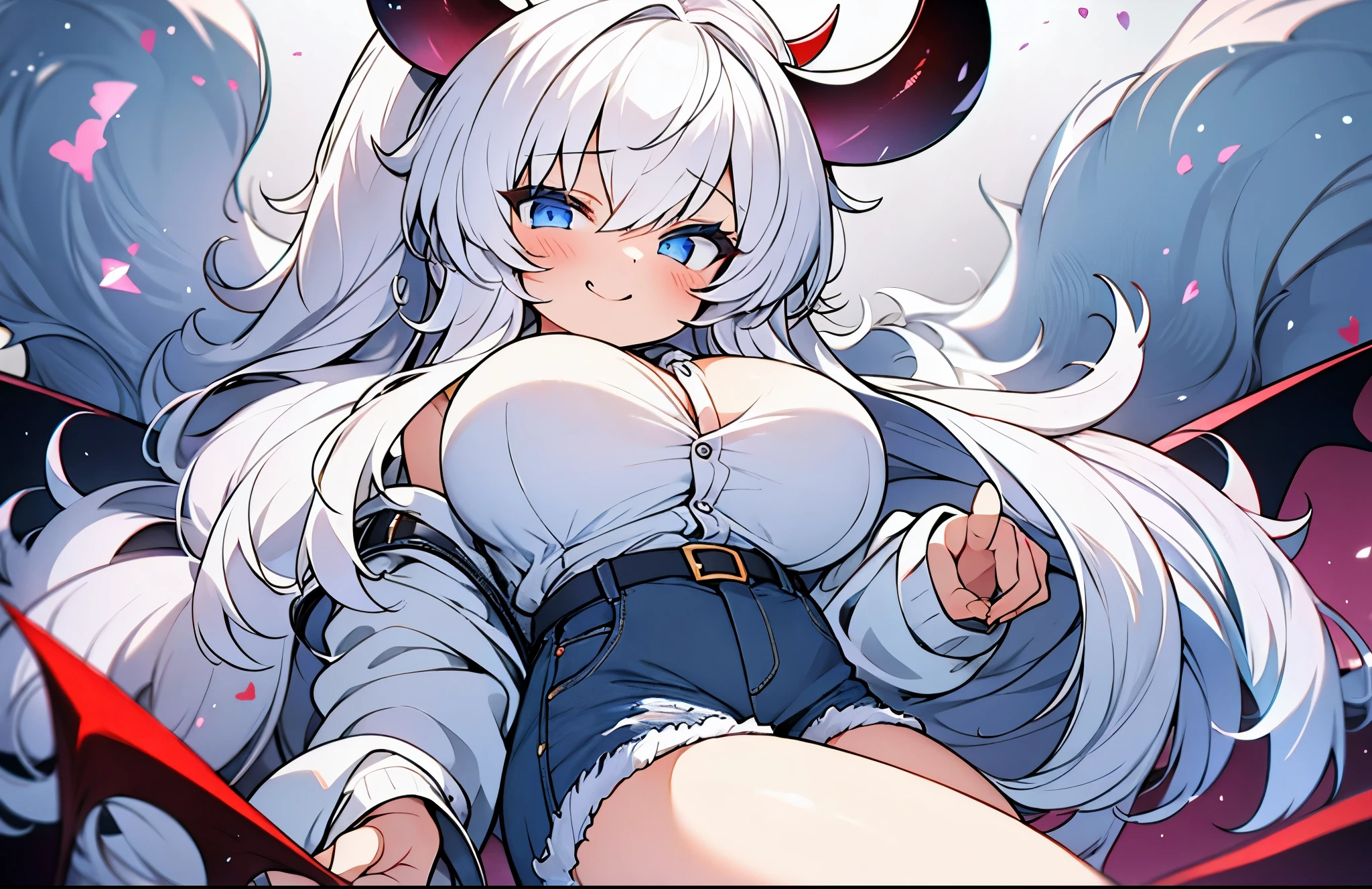 girl, alone, big hair, white hair, young girl, blue eyes, white shirt, denim shorts, very big breasts, demon horns, demon tail