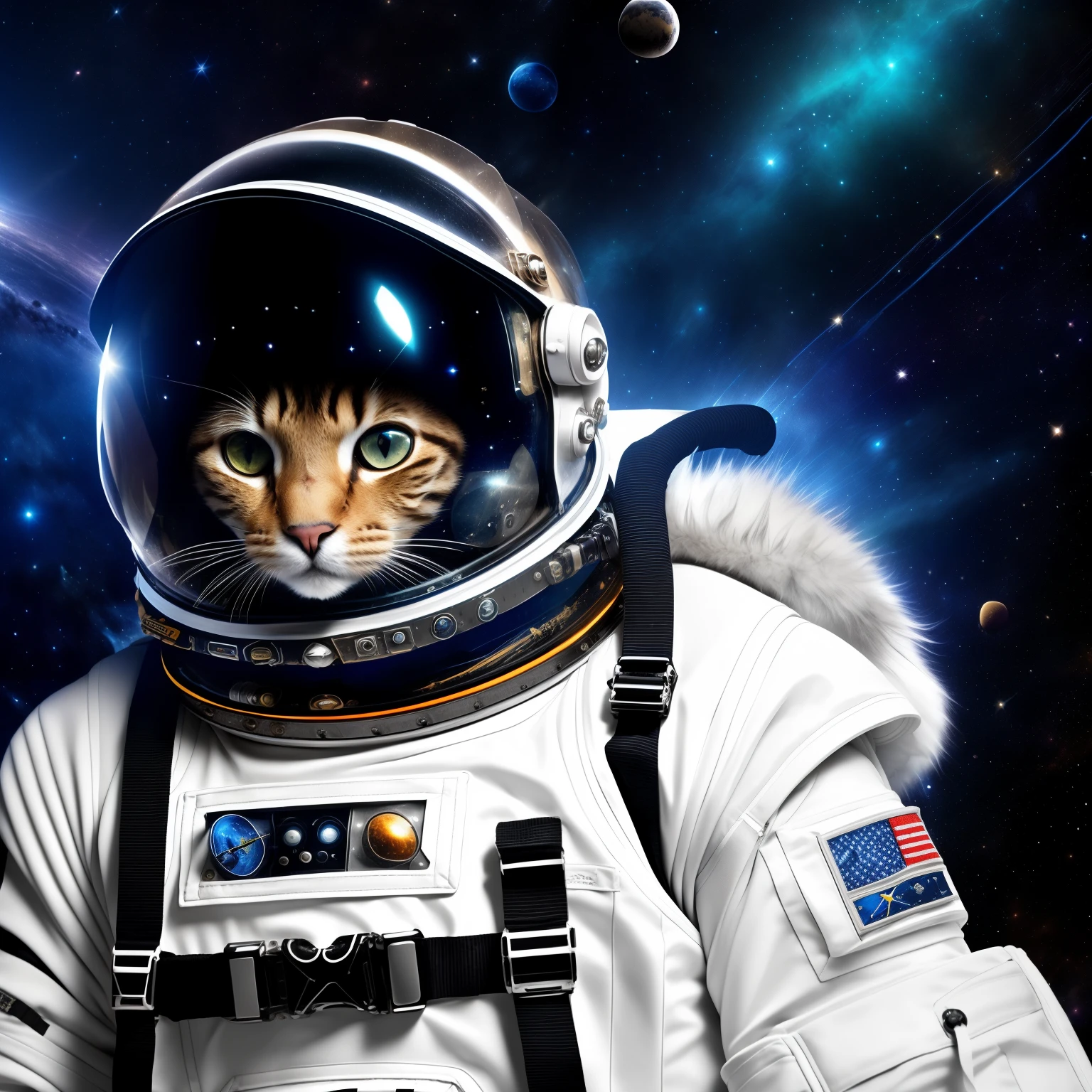 A feline astronaut floating in the depths of space, (space suit:1.5), (harness:1.3), (realistic fur:1.4), (astronaut helmet:1.2), (starry background:1.3), (intricate details:1.2), (high contrast:1.1), HDR, ultra high resolution, cinematic shot, out of this world, otherworldly, masterpiece, best quality, close up, a futuristic cat in space adventure.