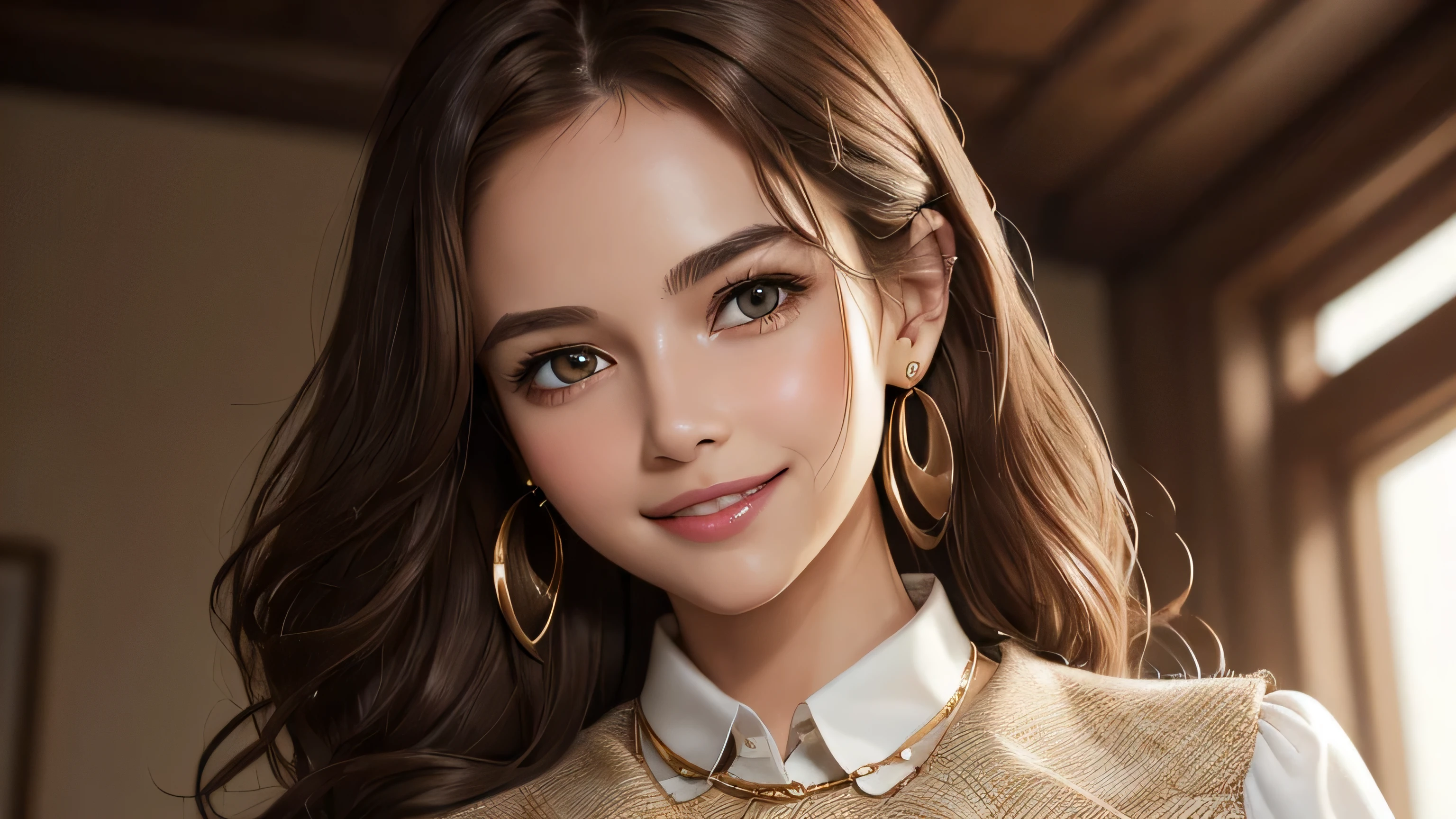 (masterpiece:1.3), high resolution, ultra detailed, extremely detailed CG unity 8k wallpaper, realistic, photo-realistic, RAW photo,beautiful detailed face, pale skin, realistic glistening skin, detailed cloth texture, detailed hair texture, Perfect body, Beautiful Face, accurate, Anatomically correct, Highly detailed face and skin texture, natural neck length, (beautiful hands), (fair skin:1.2), Thin legs, Thin feet, Detailed eyes, symmetric eyes, Light Brown eyes, Double eyelids, Thin eyebrows, (Glossy lips:1.4), ((gently smile:1.2)), (blush:1.1),A beautiful 35 year old woman wearing a very short red skirt and a thin white shirt, and、Good .((Loosely inward wavy hair:1.2)),((Extra long brown hair:1.2))((A shy smile:1.3)),((White long sleeve buttoned blouse_Brown tweed mini skirt:1.3)),((Gold Necklace＿Large earrings:1.2)),