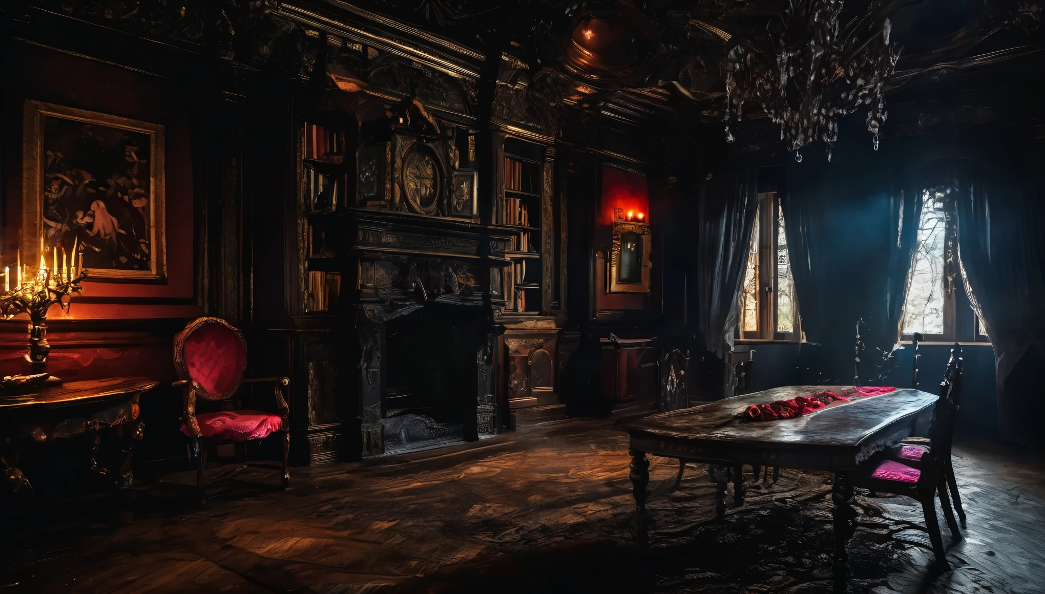 (best quality,low lighting:1.2) Um livro de misterioso com capa vermelha escura deitado em cima de uma mesa, vista de cima, encrusted with topaz, presence,enchanted darkness,mysterious aura,dimly illuminated setting,suspenseful mood,darkened room, hauntingly beautiful,haunted vibes,mesmerizing darkness,dark secrets,dramatic shadows,shrouded in mystery,atmospheric lighting,dark wooden backdrop,spellbinding presence,eerie aura,infused with suspense,mystical undertones,whisper of the unknown,gloomy ambiance,haunting curiosity.