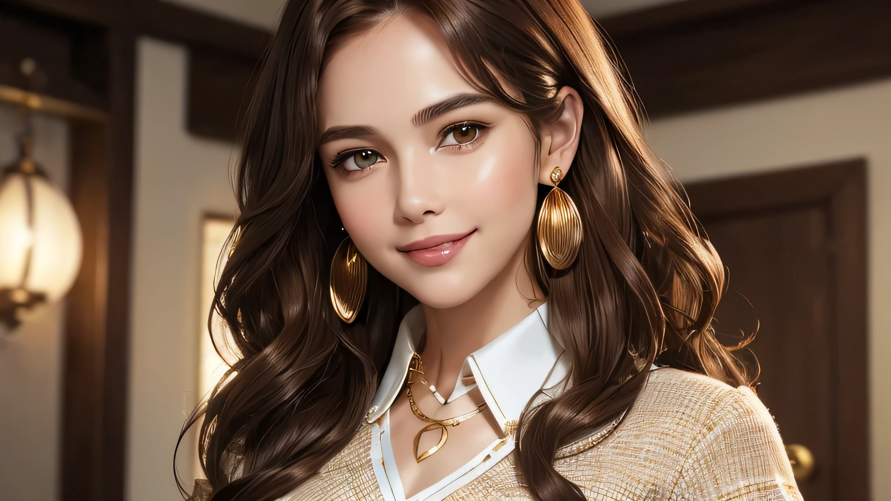 (masterpiece:1.3), high resolution, ultra detailed, extremely detailed CG unity 8k wallpaper, realistic, photo-realistic, RAW photo,beautiful detailed face, pale skin, realistic glistening skin, detailed cloth texture, detailed hair texture, Perfect body, Beautiful Face, accurate, Anatomically correct, Highly detailed face and skin texture, natural neck length, (beautiful hands), (fair skin:1.2), Thin legs, Thin feet, Detailed eyes, symmetric eyes, Light Brown eyes, Double eyelids, Thin eyebrows, (Glossy lips:1.4), ((gently smile:1.2)), (blush:1.1),A beautiful 35 year old woman wearing a very short red skirt and a thin white shirt, and、Good .((Loosely inward wavy hair:1.2)),((Extra long brown hair:1.2))((A shy smile:1.3)),((White long sleeve buttoned blouse_Brown tweed mini skirt:1.3)),((Gold Necklace＿Large earrings:1.2)),