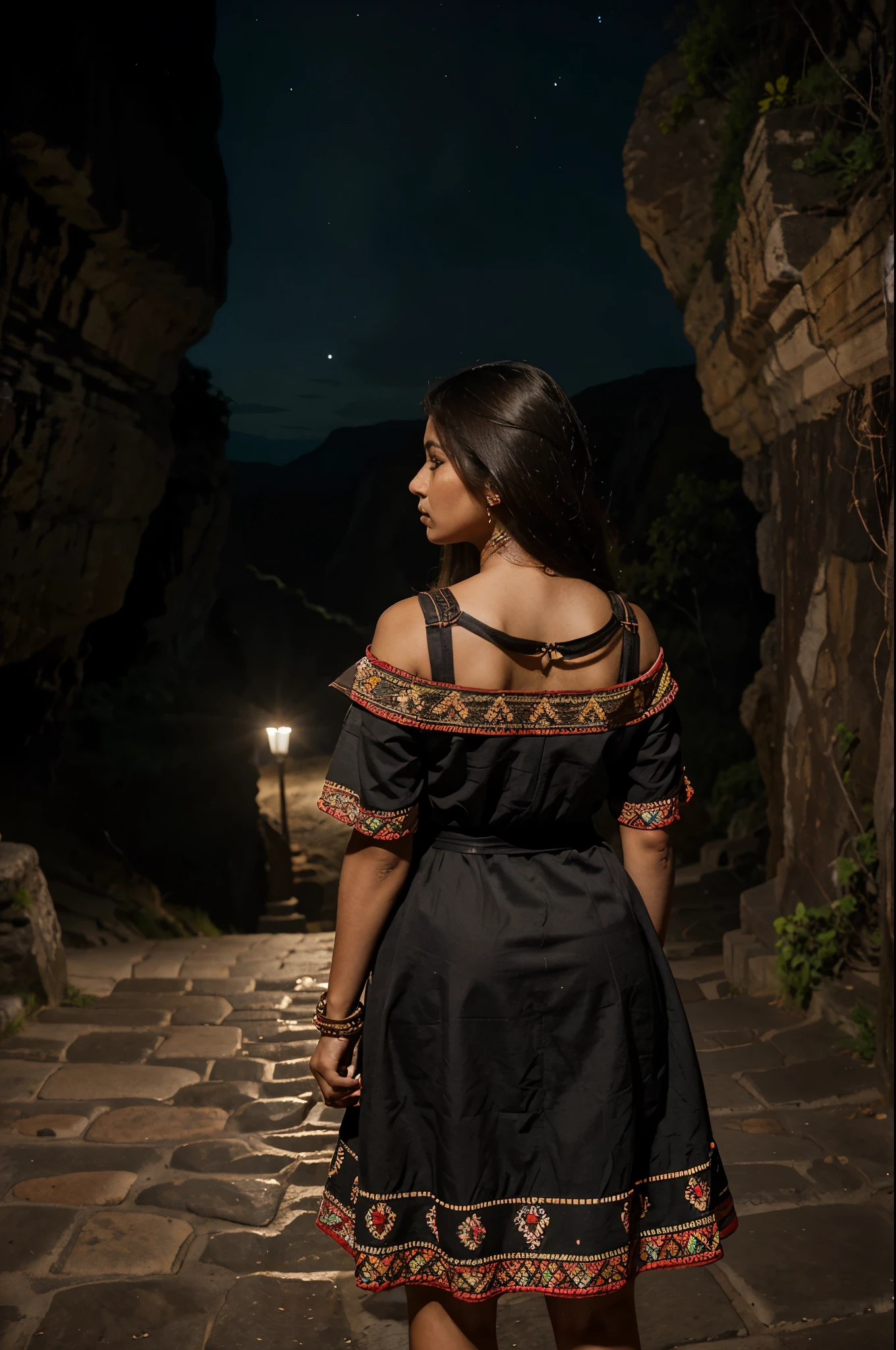 a Mexican woman from behind wearing a traditional Aztec dress dating back to the 2nd century standing in front of a deep and scary cliff at the mountain at night SCARY FEAR