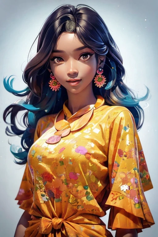 A woman in a colorful outfit posing for a picture, A brown skin, cyber girl, pretty face, sparkling simple make up, hippie clothes, sparkling pictures, high quality pictures