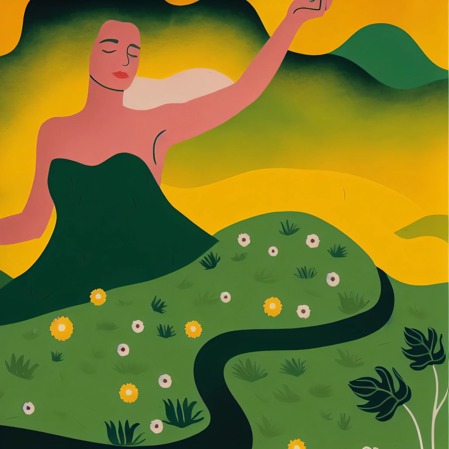 illustration of a woman in a green dress holding a moon in her hand, the non-binary deity of spring, full figured mother earth, dreamy illustration, mother nature, digital illustration, a goddess in a field of flowers, mother earth, illustrated in whimsical style, nature goddess, illustration!, female ascending into the sky, serene illustration, flowing hills, goddess of nature