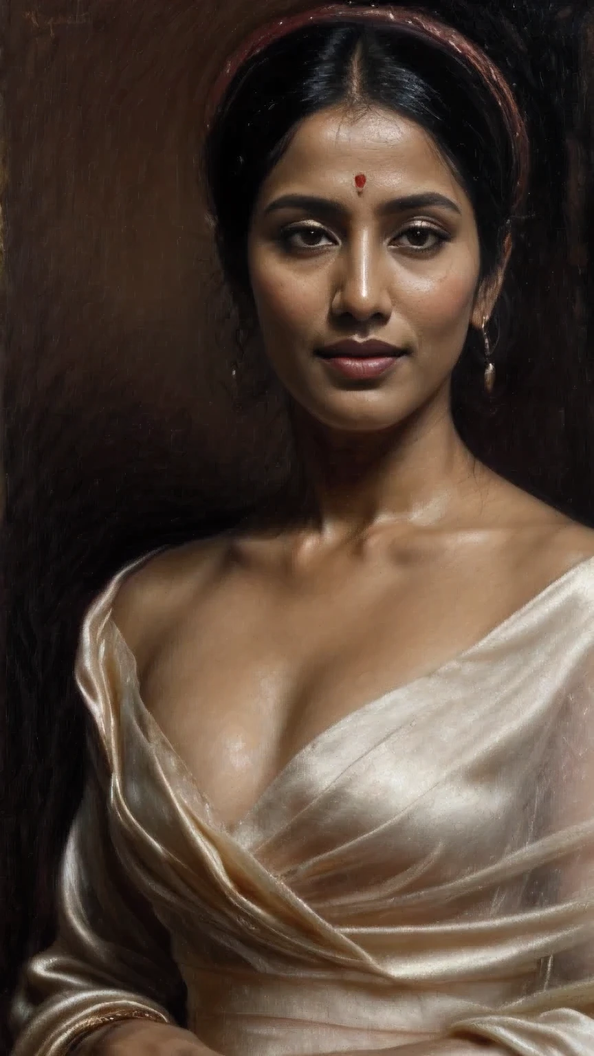 A renaissance full body painting portrait Of Chitrangada Singh, middle aged Indian Woman, ((wearing silk thin gown)), detailed skin, dark room background, ((sensual)), (expression), (detailed beautiful face and eyes:1.3), (perfectly drawn fingers), in the style of renaissance painting, Hallo in the back, detailed outline of bust on dress, Highly detailed, Intricate, Sharp focus, Digital painting, detailed art by artgerm and greg rutkowski, Raphael, Beautifully lit, oil painting aesthetic, joseph ducreux, oil on canvas portrait, hyper realistic, oil portrait by agnes cecile, Perfectly drawn fingers, detailed revealing, Renaissance portrait, fine art, 4K UHD, revealing clothes, high contrasts, (Vintage Portrait)