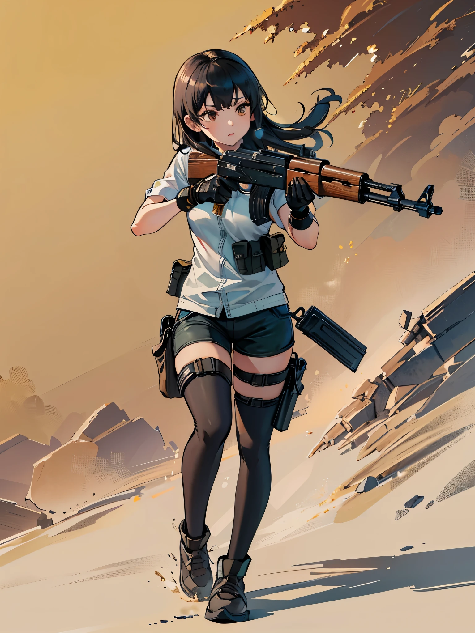 ((best quality)), ((masterpiece)), ((high res)), 1girl, muslim, brown eyes, full body, gloves, black hair, gun, holding and aiming gun, holding weapon, holster, kochiy sanae, solo, suppressor, thigh holster, thigh strap, trigger discipline, weapon, medium hair, matching pantyhose, tights, shorts, serious