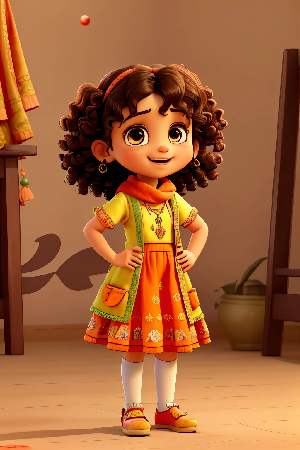 A little curly hair girl, showing her mehdni designed hands,  Watercolor, perfect quality, (masterpiece: 1.2)  (Bokeh background) (Best quality) (Detailed Skin: 1.3) (Intricate Details) (8K) (Detail Eyes) (Sharp Focus), (Happy), best lighting, orange color lehnga , wearing pakistani brand Mohsin Naveed Ranjha Lehnga, cheering, fancy little one bag in hand, orange dress,  red dupatta in arms, five fingers in left hand, five fingers in right hand, laughing, cuteness like masha Cartoon character, teeka on head, wearing yellow indian trouser, five toes on left foot, five toes in right, Wearing Indian Slippers, wearing full length trouers, 1 Cross body hand bag, bangles in hands, henna tattoo art on hands, red scarf in arms  