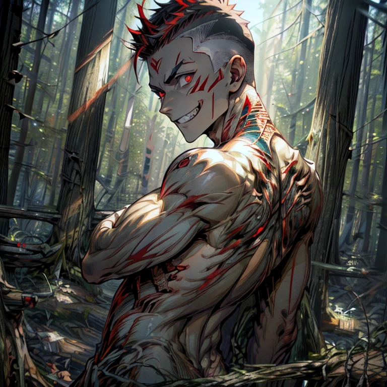 ((Anime)) Masterpiece, high quality, best quality, HD, perfect lighting, detailed face, detailed body, one male, short white hair red highlights ((crew cut medium)) , white t-shirt, ((evil grin)) wicked smile pointed fange , void eyes, (( red scales on body)) , ((full , dutch angle ) ((dark dead forest back ground)