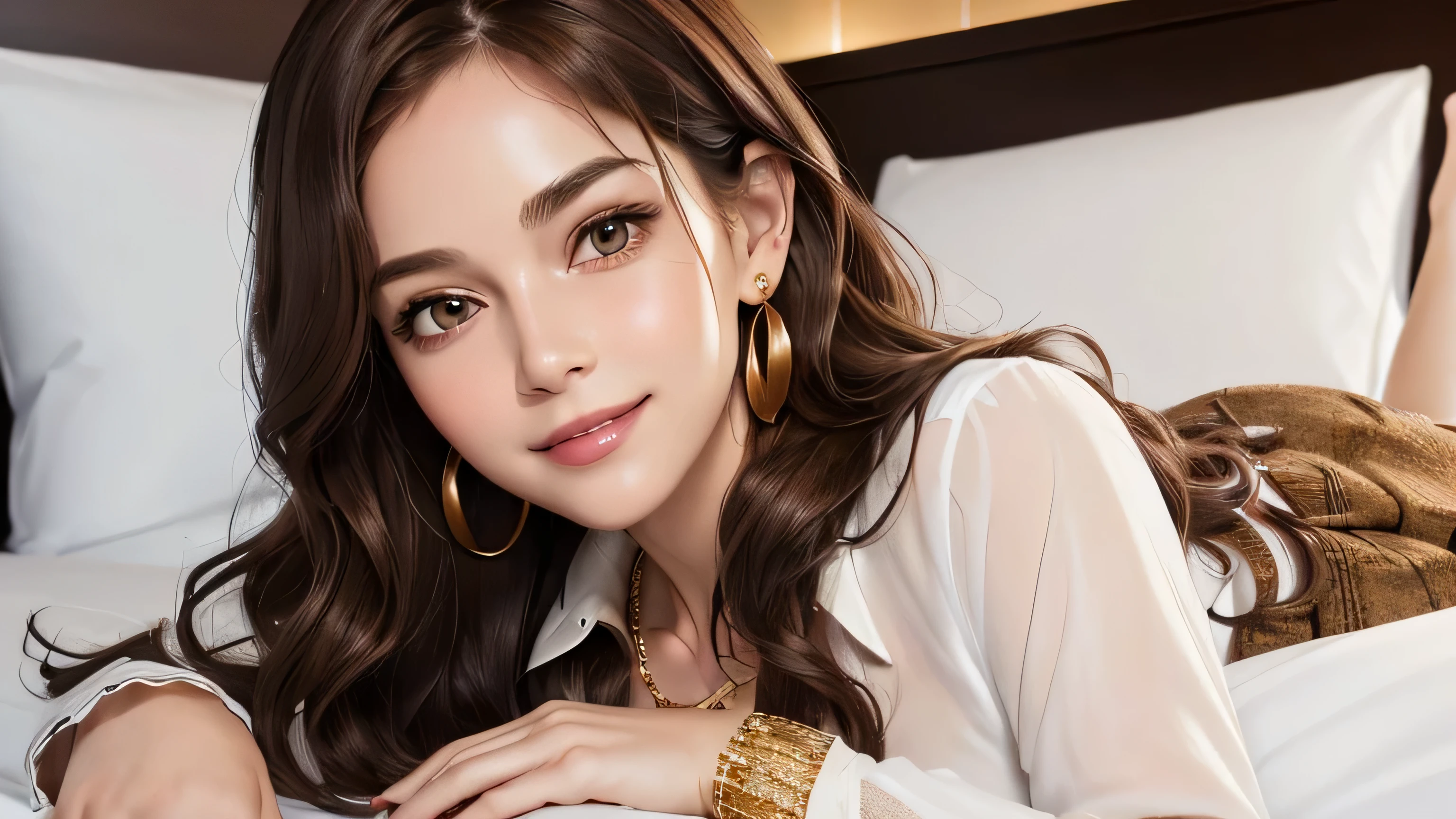 (masterpiece:1.3), high resolution, ultra detailed, extremely detailed CG unity 8k wallpaper, realistic, photo-realistic, RAW photo,beautiful detailed face, pale skin, realistic glistening skin, detailed cloth texture, detailed hair texture, Perfect body, Beautiful Face, accurate, Anatomically correct, Highly detailed face and skin texture, natural neck length, (beautiful hands), (fair skin:1.2), Thin legs, Thin feet, Detailed eyes, symmetric eyes, Light Brown eyes, Double eyelids, Thin eyebrows, (Glossy lips:1.4), ((gently smile:1.2)), (blush:1.1),A beautiful 35 year old woman wearing a very short red skirt and a thin white shirt, and、Good .((Loosely inward wavy hair:1.2)),((Extra long brown hair:1.2))((A shy smile:1.3)),((White long sleeve buttoned blouse_Brown tweed mini skirt:1.3)),((Gold Necklace＿Large earrings:1.2)),((in a hotel bed_Lying_Trance_pleasure_sigh:1.4))