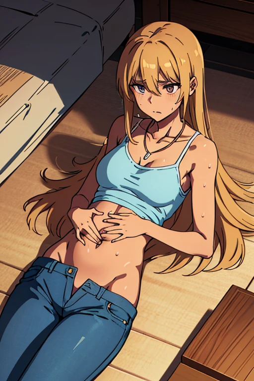 tan skinned anime woman wearing a cami top and jeans, famished in hunger, (necklace), (gently resting hands on stomach), (sweating), (lying down), (long hair), (hands on stomach), (pressing stomach with her fingers)