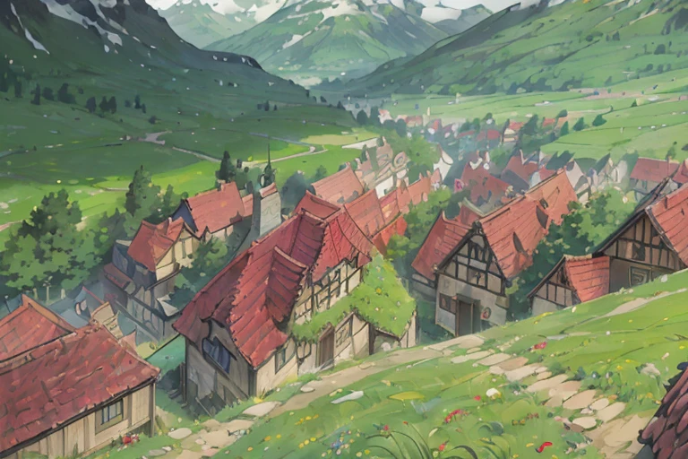 big slavic ((ghibli)) fantasy city, thatched roofs, early medieval, hilly city, tightly packed houses, narrow passages, tight spaces, clustered settlement, POV