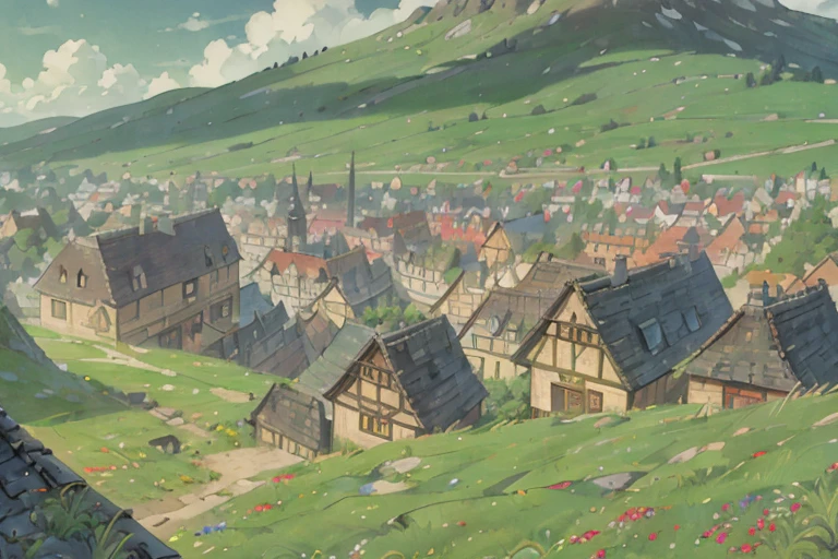 big slavic ((ghibli)) fantasy city, thatched roofs, early medieval, hilly city, tightly packed houses, narrow passages, tight spaces, clustered settlement, POV