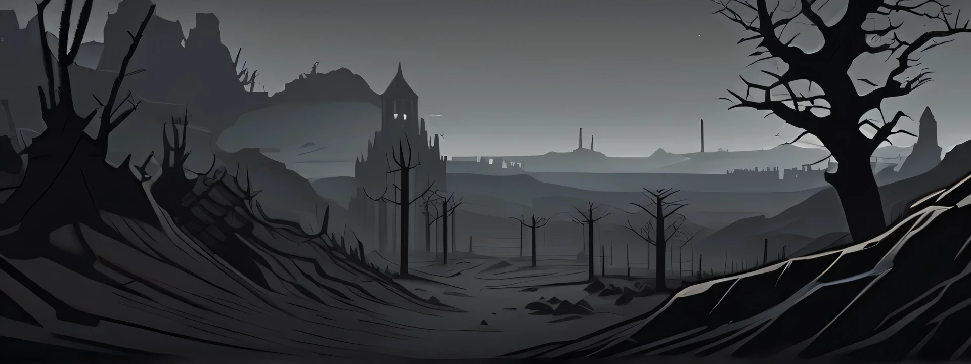 (((darkest dungeon style))), ((darkest dungeon background)), grand wasteland, lots of dark gray sand, gray thorn trees, view from the hill, unnatural high steel spikes sticking out of the sand, gray horizon, gray sky, gloomy sky, endless night, (dark lighting), many shadows, cold lights, highly detailed, extremely detailed, masterpiece