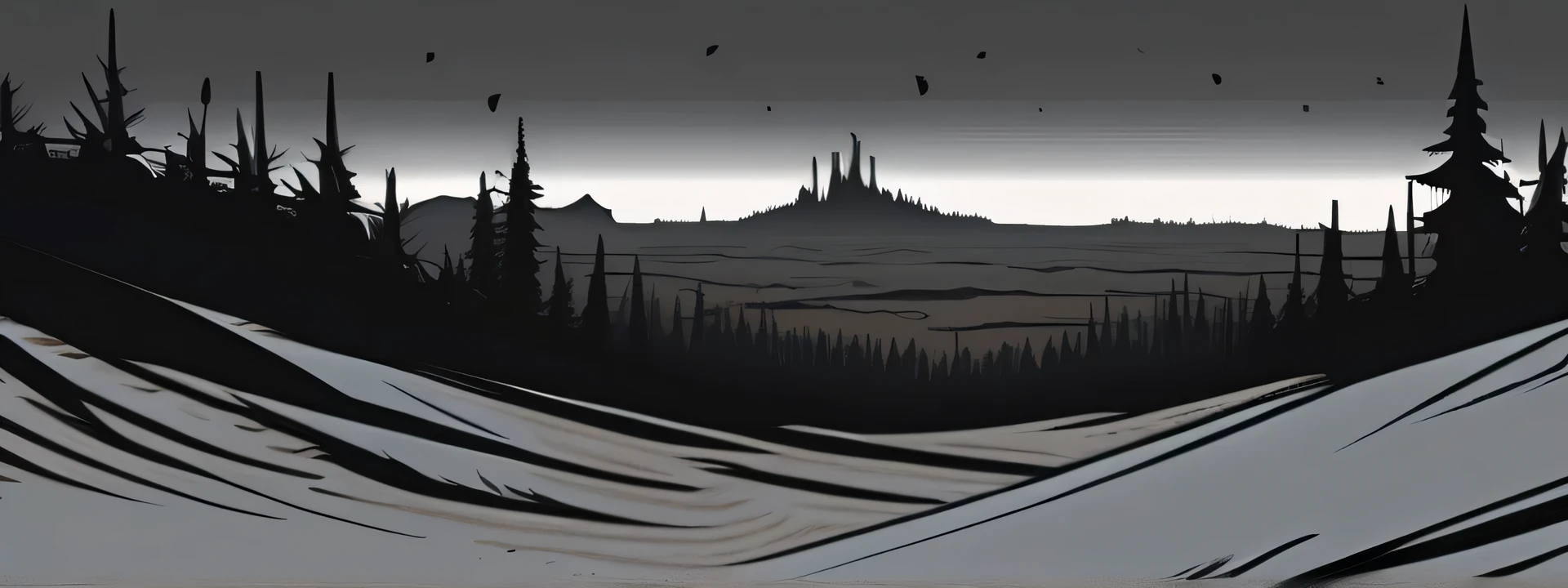 (((darkest dungeon style))), ((darkest dungeon background)), grand wasteland, lots of dark gray sand, gray thorn trees, view from the hill, unnatural high steel spikes sticking out of the sand, gray horizon, gray sky, gloomy sky, endless night, (dark lighting), many shadows, cold lights, highly detailed, extremely detailed, masterpiece
