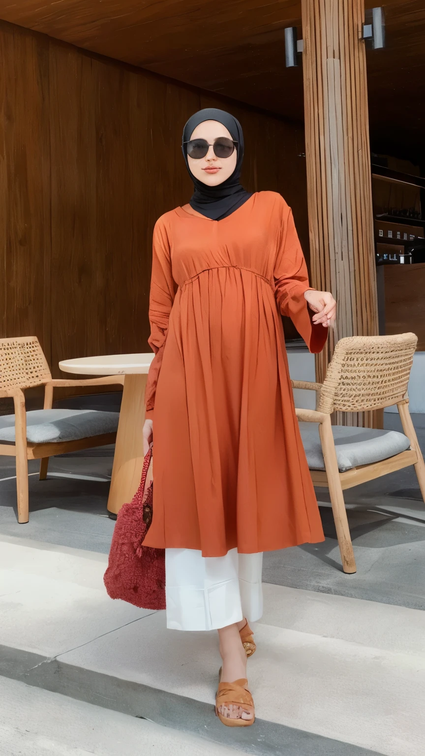 a woman in a hijab stands on a set of stairs, long tunic, tunic, simple dress, voluminous sleeves, wearing a long flowy fabric, casual clothing style, puff sleeves, hijab, dressed thobe, modest flowing gown, orange robe, inspired by Tang Di, wearing a fisher 🧥, detailed picture, inspired by Nyuju Stumpy Brown