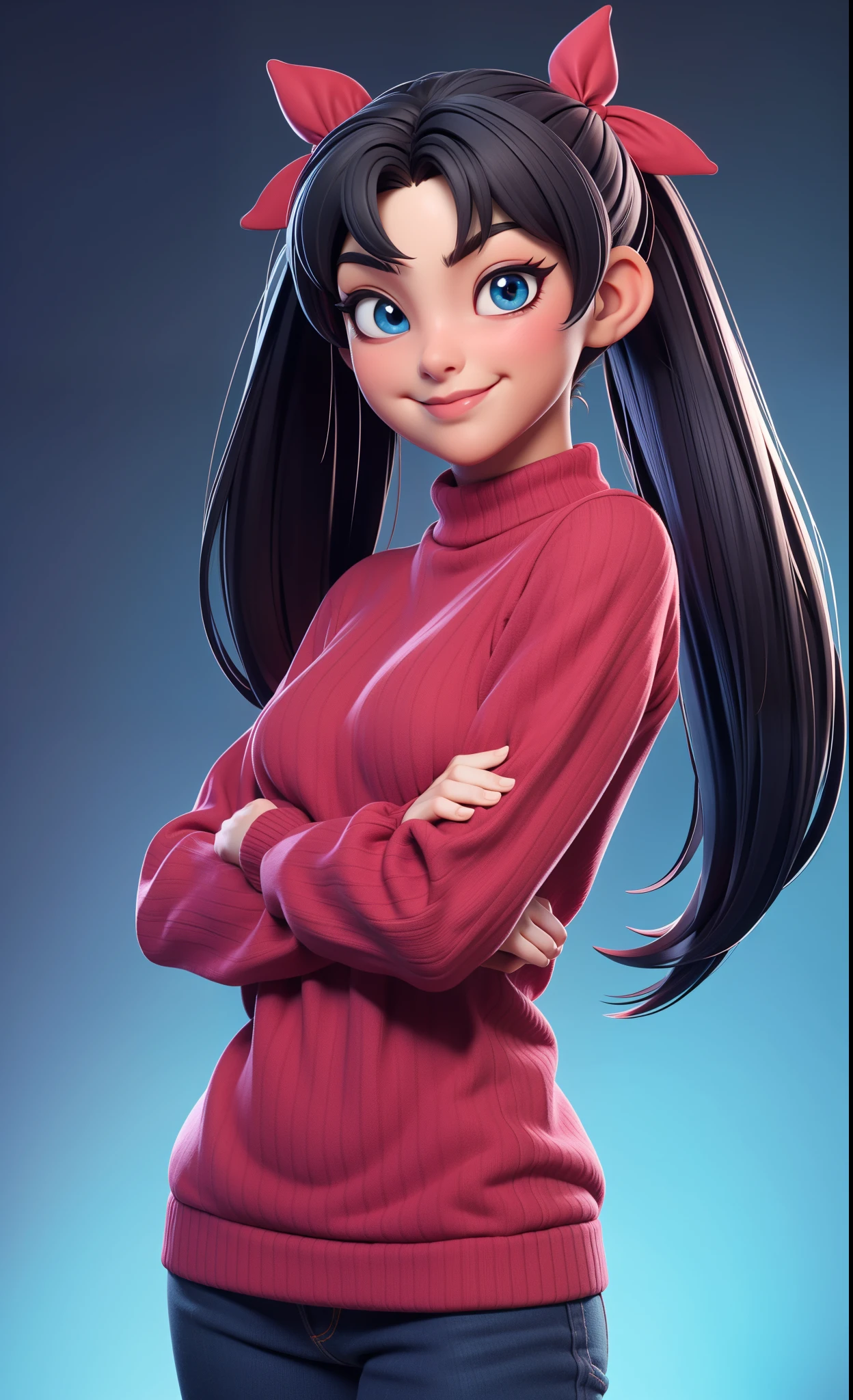 1;girl Tohsaka Rin,solo cabelo preto longo , red sweater , looking at me, happy smirk expression, olhando para o espectador fundo azul, cabelo preto fundo simples dois lados para cima ,gola alta ,olhos azuis, lips closed mouth,fita de cabelo franja ,Gola Alta Sweater,parte superior do corpo , franja repartida ,fita preta ,Twintail ribbed sweater, nariz perfect,pele bem detalhada,(((obra-Prima 3d)))