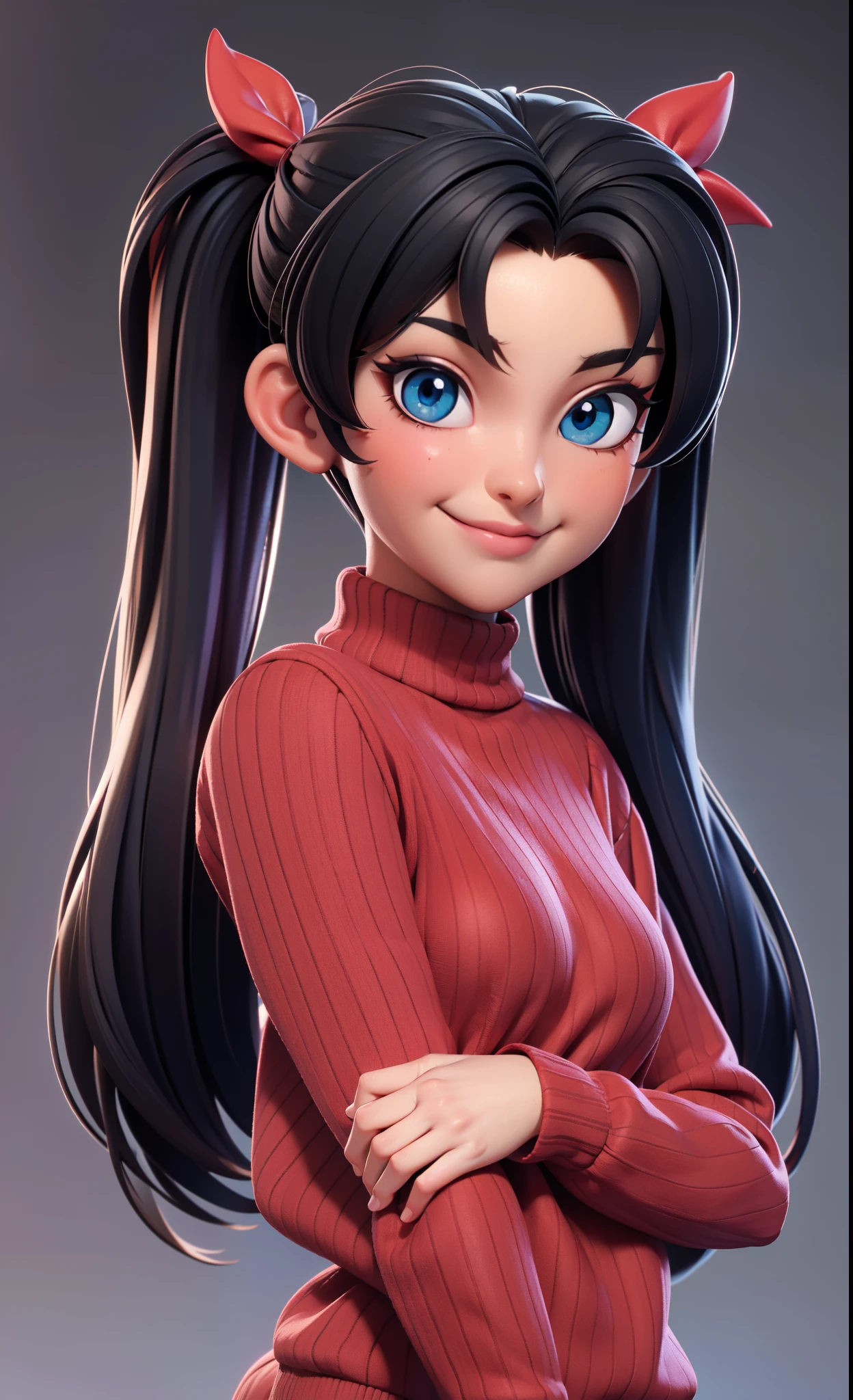 1;girl Tohsaka Rin,solo cabelo preto longo , red sweater , looking at me, happy smirk expression, olhando para o espectador fundo azul, cabelo preto fundo simples dois lados para cima ,gola alta ,olhos azuis, lips closed mouth,fita de cabelo franja ,Gola Alta Sweater,parte superior do corpo , franja repartida ,fita preta ,Twintail ribbed sweater, nariz perfect,pele bem detalhada,(((obra-Prima 3d)))