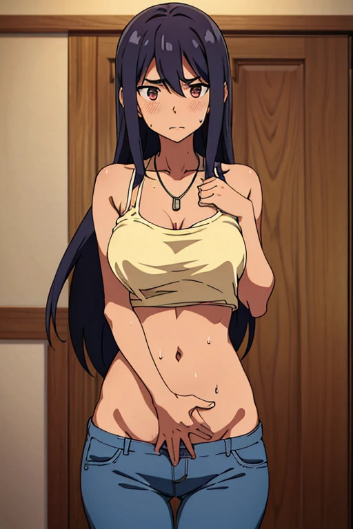 tan skinned anime woman wearing a cami top and jeans, famished in hunger, (necklace), (gently resting hands on stomach), (sweating), (long hair), (hands on stomach), (pressing stomach with her fingers)