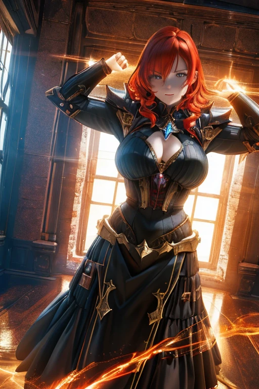 (a girl with) fiery red hair,(a powerful) witch,(wearing) power armor,illustrated style,ultra-detailed scene,epic battle,with magical energy,glowing enchanted symbols,(standing in) a mystical forest,(with) vibrant colors,(bathed in) soft, golden light.(best quality,4k,8k,highres,masterpiece:1.2),ultra-detailed,(realistic,photorealistic,photo-realistic:1.37),fantasy,adventure,dark and mysterious,with hints of magic,and intense emotions.