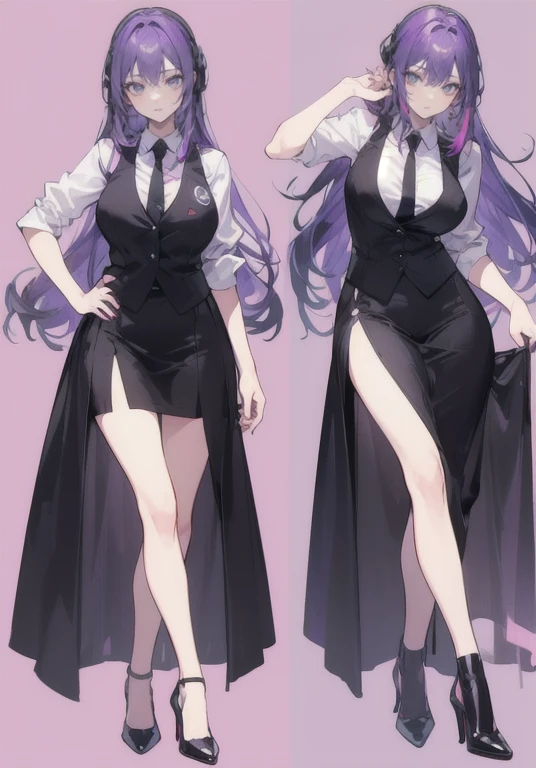 ((Perfect Face)),((smile)),Purple Hair,voluminous long hair,1 female,bartender,suit,Black vest,Shirt with rolled up sleeves,tie,slit,High heels,,((Simple Background)),smile,((whole body)),((whole body)),Portraiture,virtual,upright,,Both arms are down,Standing upright with face and body facing forward,