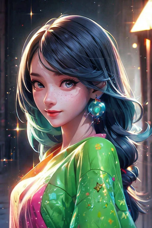 A woman in a colorful outfit posing for a picture, A freckles, cyber girl, pretty face, sparkling simple make up, hippie clothes, sparkling pictures, high quality pictures