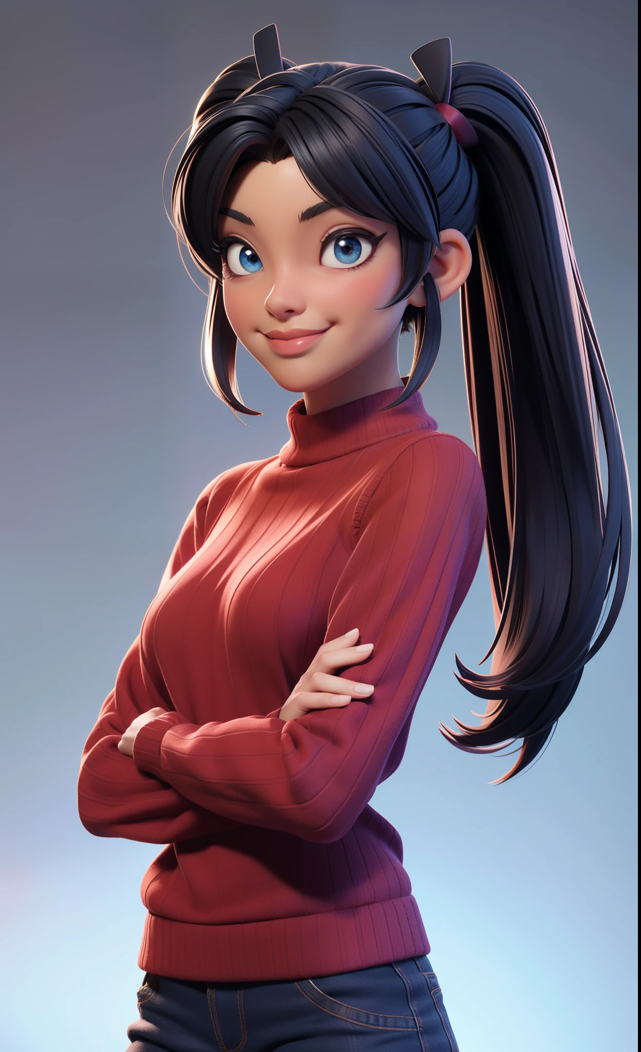 1;girl Tohsaka Rin,solo cabelo preto longo , red sweater , looking at me, happy smirk expression, olhando para o espectador fundo azul, cabelo preto fundo simples dois lados para cima ,gola alta ,olhos azuis, lips closed mouth,fita de cabelo franja ,Gola Alta Sweater,parte superior do corpo , franja repartida ,fita preta ,Twintail ribbed sweater, nariz perfect,pele bem detalhada,(((obra-Prima 3d)))