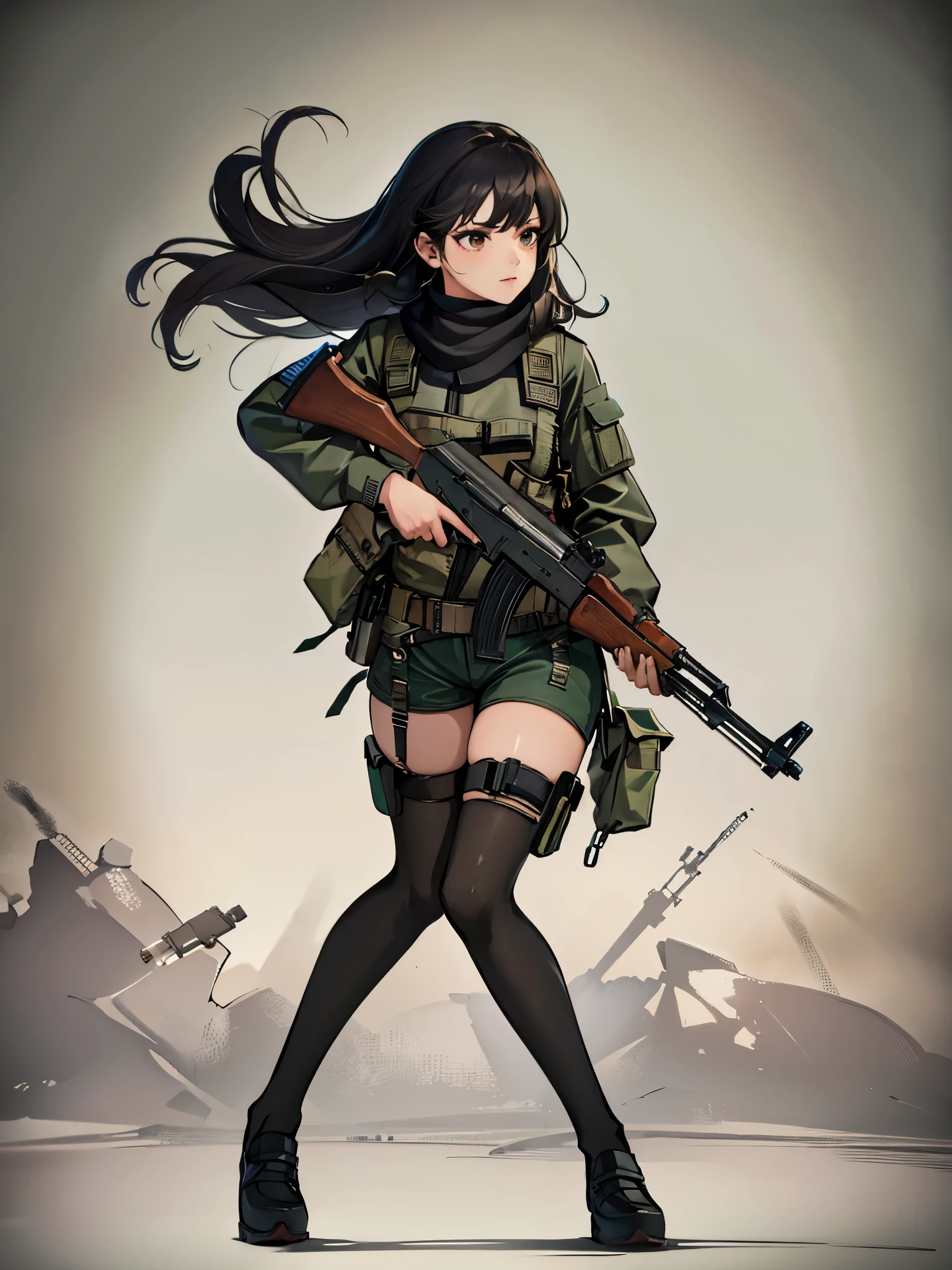 ((best quality)), ((masterpiece)), ((high res)), 1girl, muslim, brown eyes, full body, gloves, black hair, gun, holding and aiming gun, kalashnikov_rifle, holding weapon, holster, kochiy sanae, solo, thigh holster, thigh strap, trigger discipline, weapon, medium hair, matching pantyhose, tights, shorts, serious