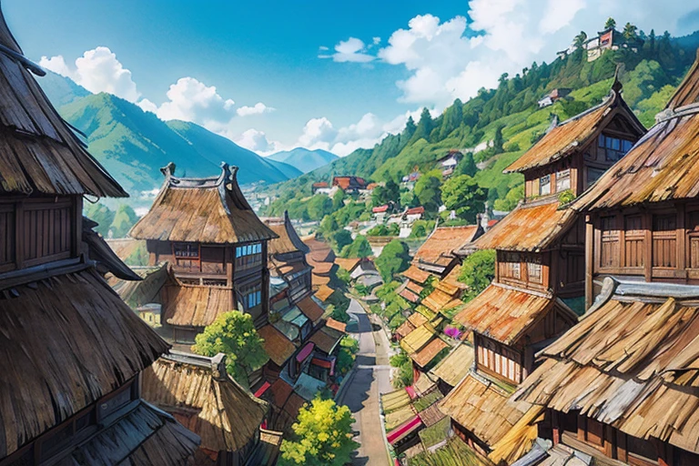 big slavic ((ghibli)) fantasy city, thatched roofs, early medieval, hilly city, tightly packed houses, narrow passages, tight spaces, clustered settlement, POV