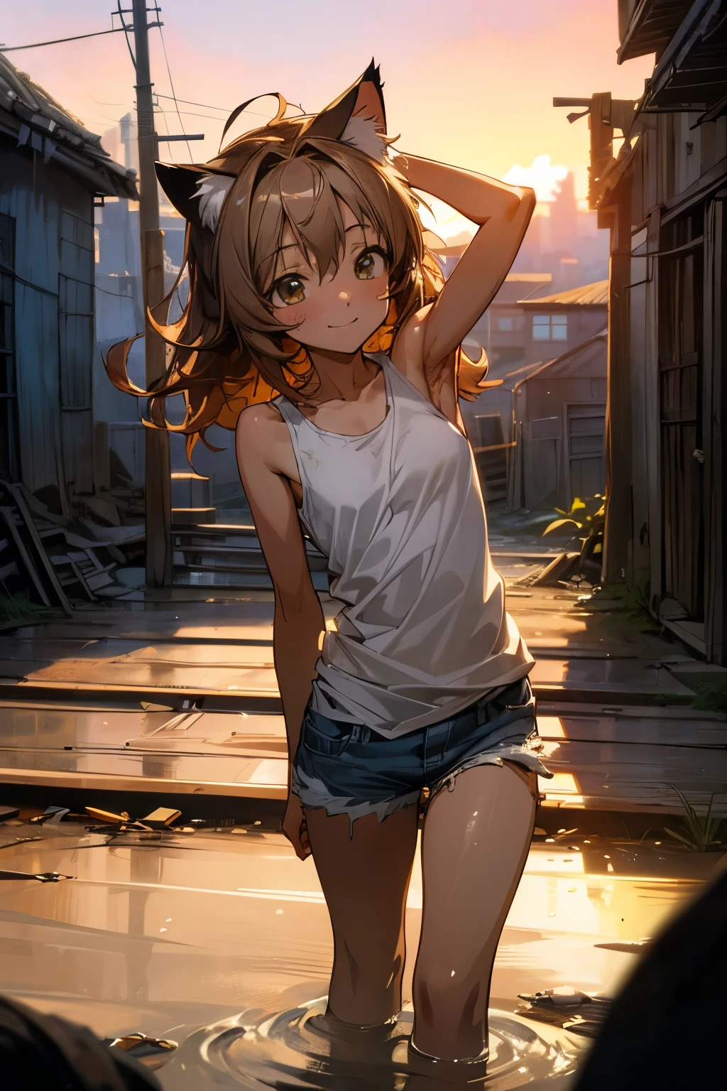 ((Masterpiece)), 8K, fisheye, cinematic lighting, very messy hair,(one eyes closed, Walking, Narrow back alley in shopping district, hot summer days), (slightly exposed nipple, tattered and torn dirty oversized white-camisole, Slender small breasts, open mouth, big smile face), slum townscape, Textured skin, cat ears, wet and pale brown hair, Cute Beautiful girl