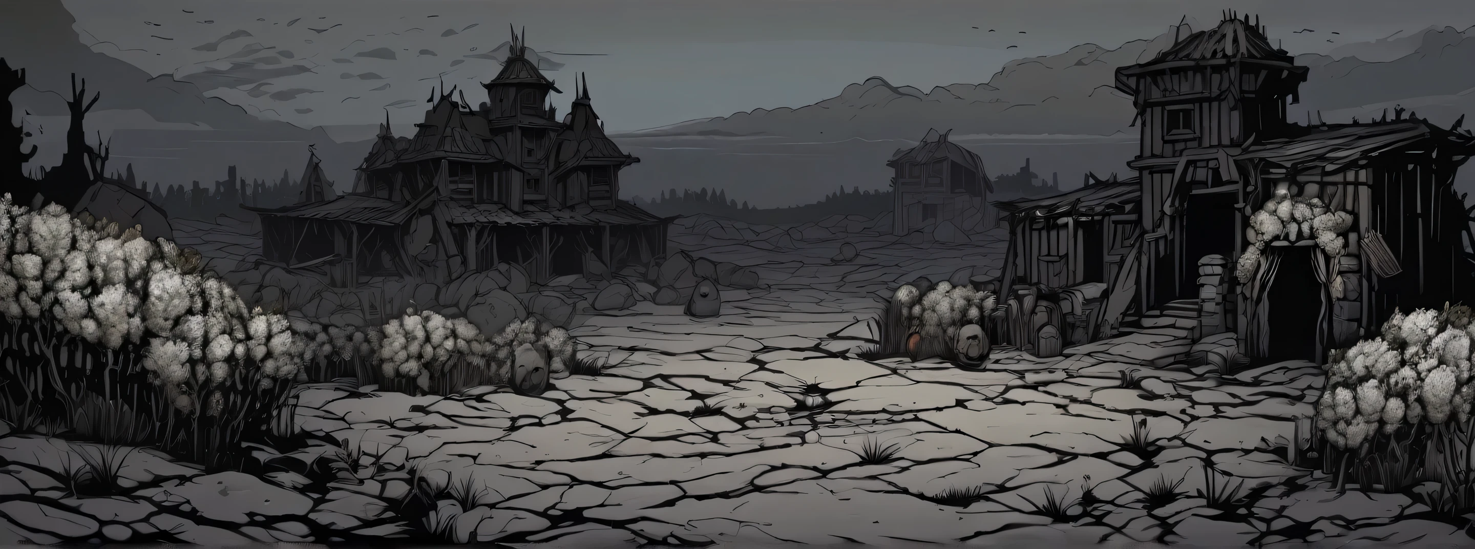 (((darkest dungeon style))), ((darkest dungeon background)), grand wasteland, dark black soil, sand shelter, black dirt, (many black bushes) with pale white berries, black horizon, gray sky, gloomy sky, endless night, (dark lighting), many shadows, cold lights, highly detailed, extremely detailed, masterpiece